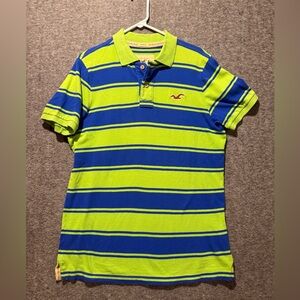 Hollister Vtg Y2K Striped Polo Shirt mens L neon green blue preppy fitted cotton